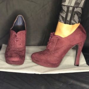 Maroon suede bootie laced heels.